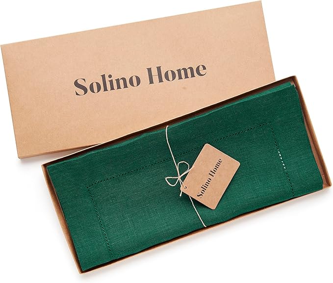 Solino Home Linen Rainforest Green Table Runner 72 Inches Long - 100% Pure Linen Hemstitch Table Runner 14 x 72 Inch for Dresser, Dining, Fall, Autumn, Thanksgiving - Classic Hemstitch