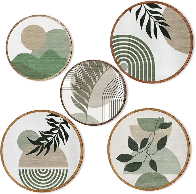 Qunclay 5 Pcs Wall Art Decor Wooden Living Room Wall Decor Bohemian Hanging Farmhouse Geometric 10'' and 8'' Aesthetic Wood Minimalist Posters for Bedroom(Greenery)