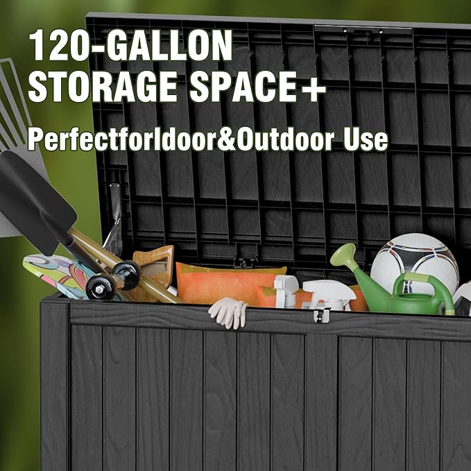 120 Gallon Patio Storage Box, Large Outside Storage Bin for Patio Furniture Covers, Cushion Pillows, Waterproof Outdoor Storage Bench for Towels, Garden Tools and Pool Accessories, Black