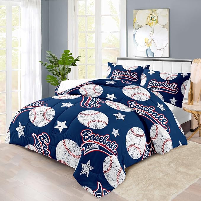 Baseball Comforter Set Queen,Sports Bedding Sets for Boys,Blue Sports Comforter Queen Bedroom Decor,Baseball Bedding Teen for All Seasons,Blue Quilt Kids Bedroom Decor