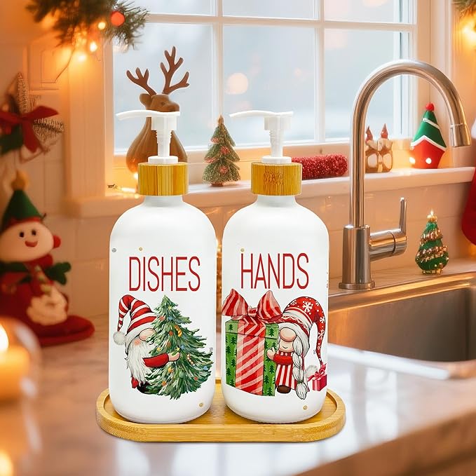 Hexagram Christmas Soap Dispenser Set of 2, Christmas Kitchen Decor, Xmas Gnomes Glass Soap Dispenser for Home Indoor Decorations, Xmas Refillable Lotion Essential Oil Dispensers with Pump