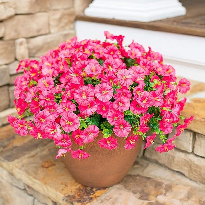 Artificial Flowers for Outdoors Fake Plants Outside Decoration, 12 Bundles Silk Hot Pink Morning Glory UV Resistant Look Real Faux Flowers for Planter Front Door Porch Patio Yard Gardens Home