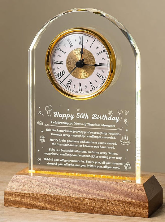 50th Birthday Clock Gifts for Women and Men – Gift for 50 Year Old Mom, Dad, Grandma, or Grandpa with Wooden LED Light Base – Birthday Present Ideas for Her or Him with Gift Box Battery Not Included