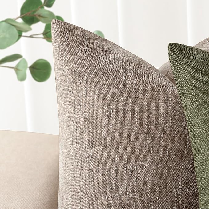 Foindtower Set of 2 Soft Textured Chenille Throw Decorative Pillow Covers Square Accent Solid Cushion Cover Cozy Neutral Farmhouse Pillow Case for Couch Sofa Bedroom Living Room 22x22 Inch,Light Taupe