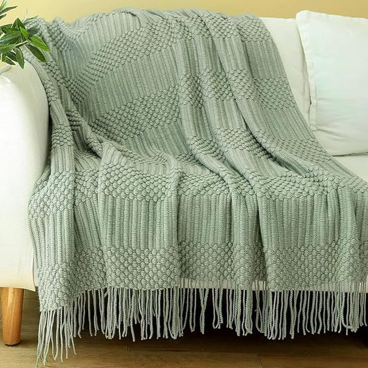 Blagic Knitted Throw Blanket for Couch, Bed and Sofa. Super Soft Blanket with Tassels, Sage Green Throw Blanket, 60 x 80 Inches Lightweight & Cosy Home Decor