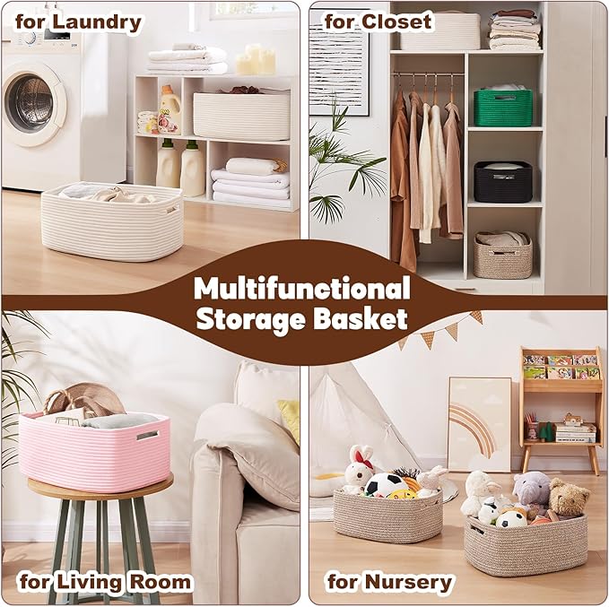 OIAHOMY Storage Basket for Shelves, Closet Cube Storage Bins Baskets for Clothes Blanket Towels, Baby Nursery, Toy Baskets Box, Woven Rope Basket, 15.75*11.81*7.09 IN, 2 Packs Pink