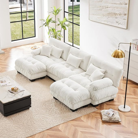 U Shaped Couch Sectional Couch, 3-Seater Cloud Couch Sectional Oversized Couch, Sofa Bed Couch with Round Bolster Armrests 5 Pillows, Modular Couch Home Sofa Living Room Couch(White)