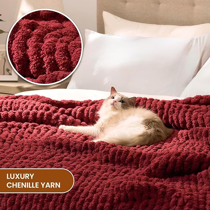 L'AGRATY Chunky Knit Blanket Throw: 60''x80'' Chenille Chunky Knitted Throw Blankets for Twin Bed Couch - Handmade Thick Cable Knit Blanket - Large Crochet Rope Blankets for Home Decor(Maroon Red)