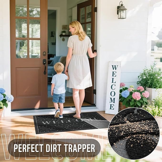 Yimobra Welcome Mat Outdoor Indoor, All-Season Waterproof Front Door Mat Outside Entrance, All-Weather Heavy Duty Non-Slip Doormat, Low Profile Porch Patio Entrance Mats, 47x24, Black
