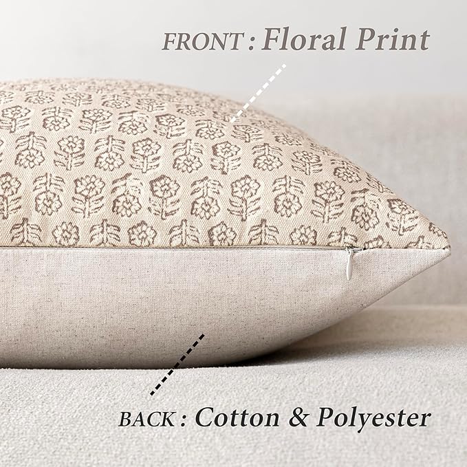 Foindtower Set of 2 Decorative Vintage Floral Print Throw Pillow Covers Neutral Modern Farmhouse Cushion Covers Boho Home Decor for Sofa Couch Chair Bedroom Living Room,20×20 Inch,Ivory Beige