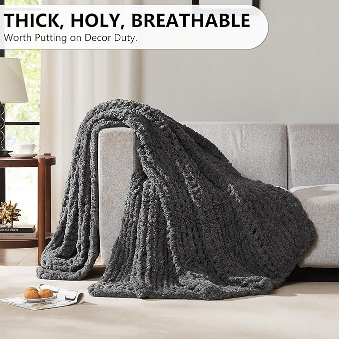 L'AGRATY Chunky Knit Blanket Throw - Soft Chunky Throw Blanket 30x40: 100% Hand Kintted Chenile Crochet Throw Blanket for Couch - Large Cable Knit Chunky Blanket for Home Decor(Dark Grey)