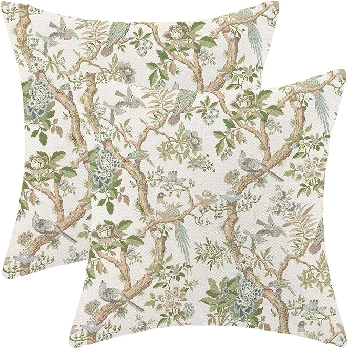 CXMEIFLY Chinoiserie Spring Pillow Covers 18 x 18 Inch Set of 2 for Sage Green Blue Vintage Flowers Bird Decor Throw Pillows Plant Farmhouse Outdoor Decorative Cushion Cases for Couch Bed Decorations