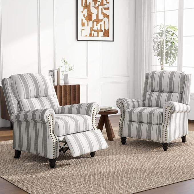 UIXE Pushback Recliner Chairs Set of 2, Fabric Armchair Push Back Accent Chair for Living Room, Rivet Trim Club Chair Overstuffed Home Theater Bedroom Reading Seat - Stripe Gray