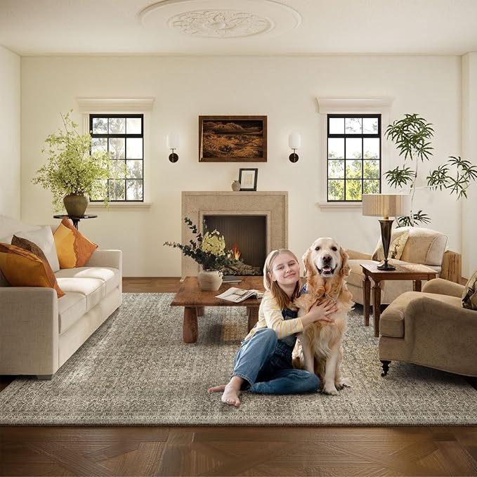 Washable Area Rugs for Living Room: 8x10 Bedroom Area Rug Boho Vintage Rugs Stain Resistant Non Slip Low Pile Soft Lightweight Carpet for Kitchen Dining Room Farmhouse Nursery Kids Room