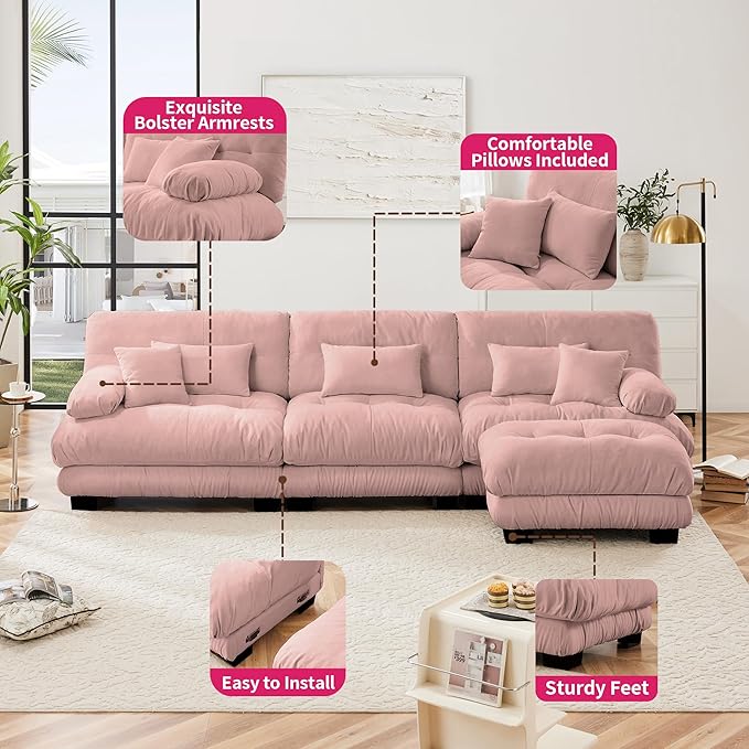 Pink 3-Seater L-Shaped Cloud Couch, Oversized Loveseat Sectional Sofa with Ottoman, Chenille Fabric, Modern Style