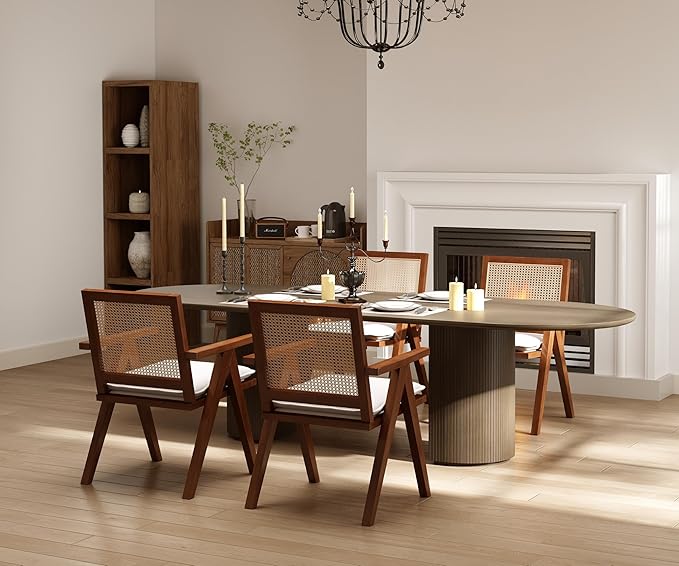 Rattan Dining Chairs Set of 6, Farmhouse Wicker Dining Chairs with Removable Linen Cushion Accent Cane Armchair for Dining Room Kitchen Restaurant, Walnut