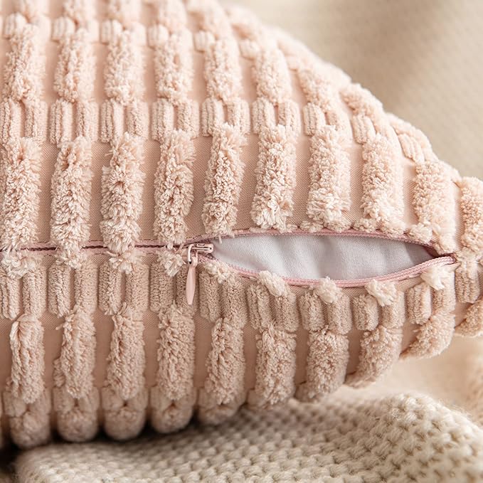 MIULEE Pack of 2 Corduroy Decorative Throw Pillow Covers 20x20 Inch Soft Boho Striped Pillow Covers Modern Farmhouse Home Decor for Sofa Living Room Couch Bed Pink