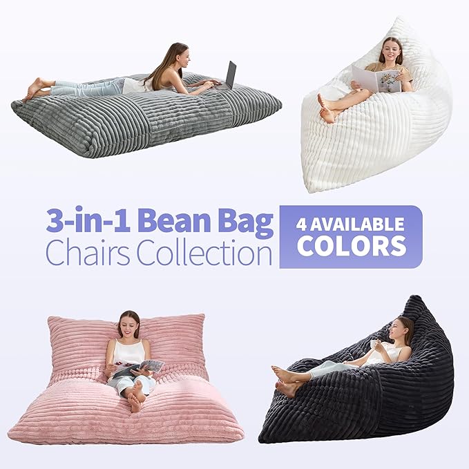 Hobestluk 3 in 1 Bean Bag Chair Giant Bean Bag Chairs Convertible Bean Bag Floor Cushion with Machine Washable Cover, Beanbag Chairs for Adult (Turquoise Grey)