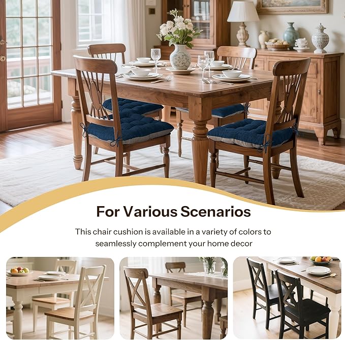 Non Slip Chair Cushions for Dining Chairs Set of 4 Kitchen Chair Cushions 18"x18"x3" Turfted Chair Pads Comfortable and Soft Seat Cushion with Ties, Navy