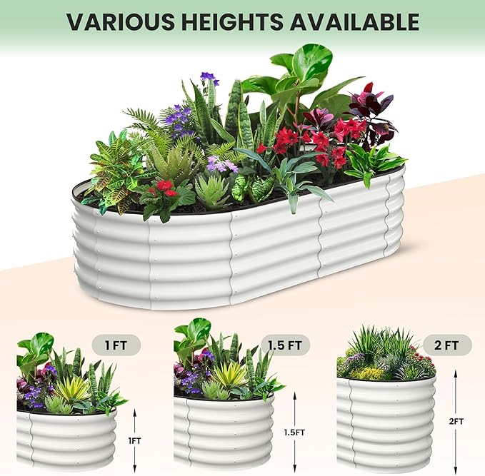 2 Pcs 6x3x1ft Oval Raised Garden Bed, Galvanized Raised Beds,Open-Ended Base Metal Raised Planter Beds,Garden Bed Outdoor,Planter Raised Boxes for Vegetables, Flowers,Tool-Free Asse,White