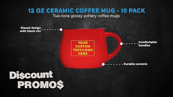 Custom Glazed Campfire Coffee Mugs 12 oz. Set of 10, Personalized Bulk Pack - Perfect for Coffee, Tea, Espresso, Hot Cocoa, Other Beverages - Red