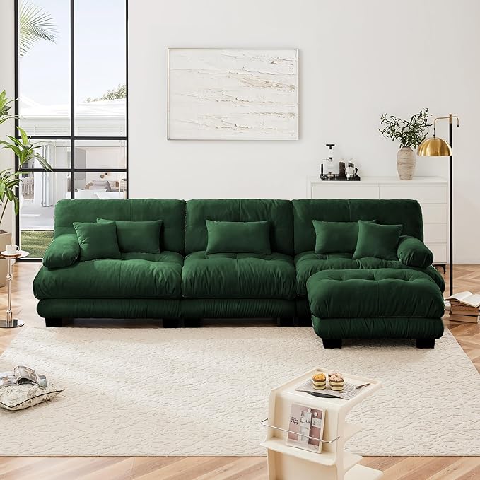 Modular Sectional Sofa, Comfy Cloud Couch 3 Seater Couch with Ottoman, Sectional Couches for Living Room, Modern Chenille L Shaped Couches, Sleeper Deep Seat Sofa with Throw Pillows, Green
