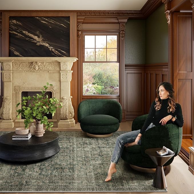 10x12 Area Rugs for Living Room: Large Washable Rugs Stain Resistant Non Slip Distressed Vintage Floral Rug Low Pile Faux Wool Soft Green Rugs for Bedroom Farmhouse Dining Room Kids Playroom Nursery