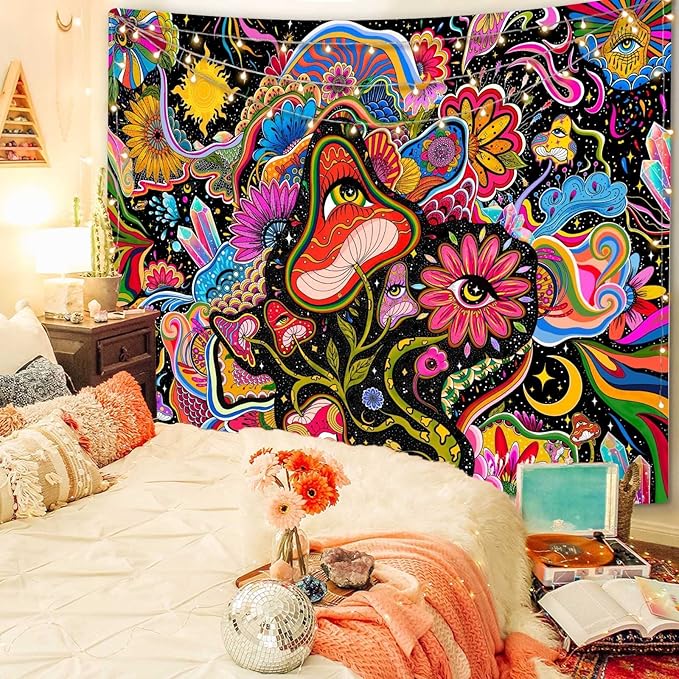 Lunerfex Mushroom Tapestry Pink Flowers Tapestry for Bedroom Aesthetic Tapestries Cute Floral Tapestries Wall Hanging for Bedroom and Living Room Decor Pink Flowers 60×80 Inches