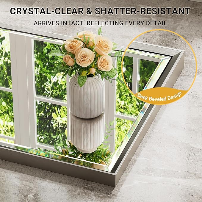 60 x 36 Brushed Nickel Bathroom Mirror, Beveled Framed Rectangle With Anti-Rust Frame, Shatterproof, Vertical/Horizontal Wall-Mounted