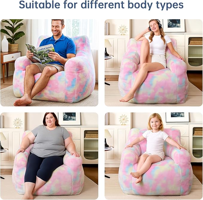 Recaceik Large Plush Bean Bag Chairs, Memory Foam Bean Bag Chair for Adults & Kids with Armrests, Comfy BeanBag Lounge Lazy Floor Sofa Accent Chair for Living Room, Bedroom, Dorm, Colorful Rainbow