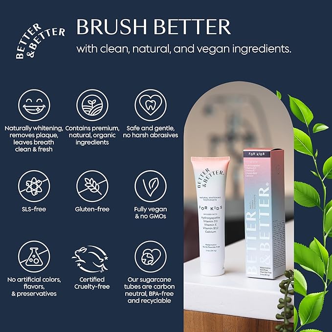 Better & Better Kids Toothpaste | Natural Hydroxyapatite Toothpaste Infused w/Calcium & Vitamins D, E, B12 | Fluoride & SLS Free for Sensitive Brushers | Watermelon Flavor | 3.4oz, 1 Pack