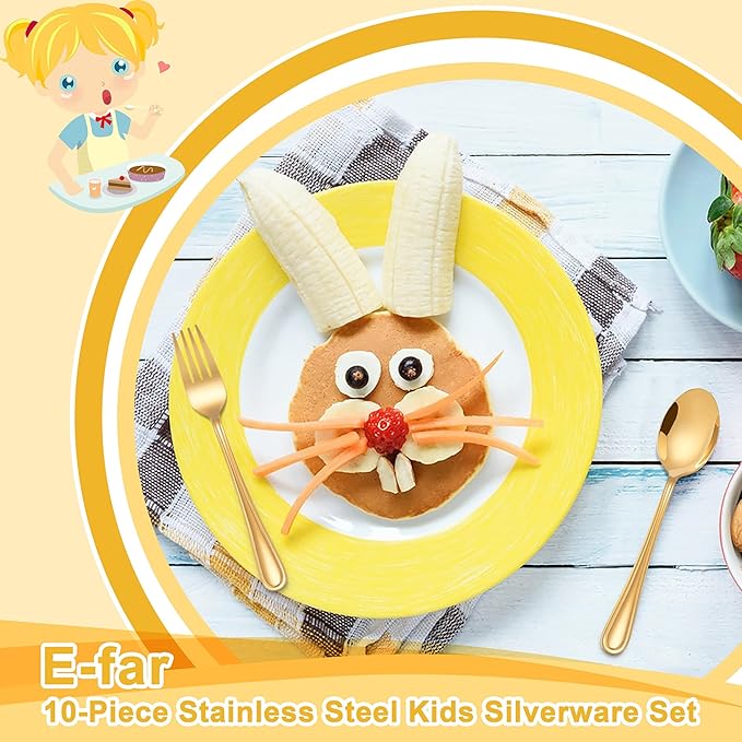 E-far 10-Piece Gold Toddler Utensils, Kid Stainless Steel Silverware Set, Children Safe Forks and Spoons Set for Self Feeding, Healthy & Non-Toxic, Mirror Polished & Easy to Clean