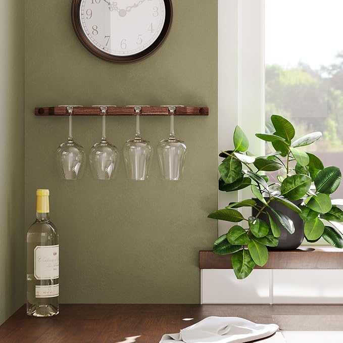 Rustic State Suvla Wall Mounted Wood Stemware Rack Hanging Shelf Glassware Holder Bar Organizer with 8 Wine Glass Storage 17 Inch Long Walnut