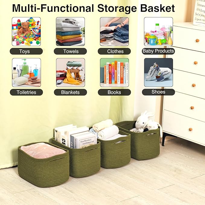 Storage Basket for Shelves, Small Baskets for Organizing, Woven Cotton Rope Baskets for Storage, Book Basket, Decorative Shelf Basket, 12.5"Lx9.1''Wx7.9''H (4 Packs) Green