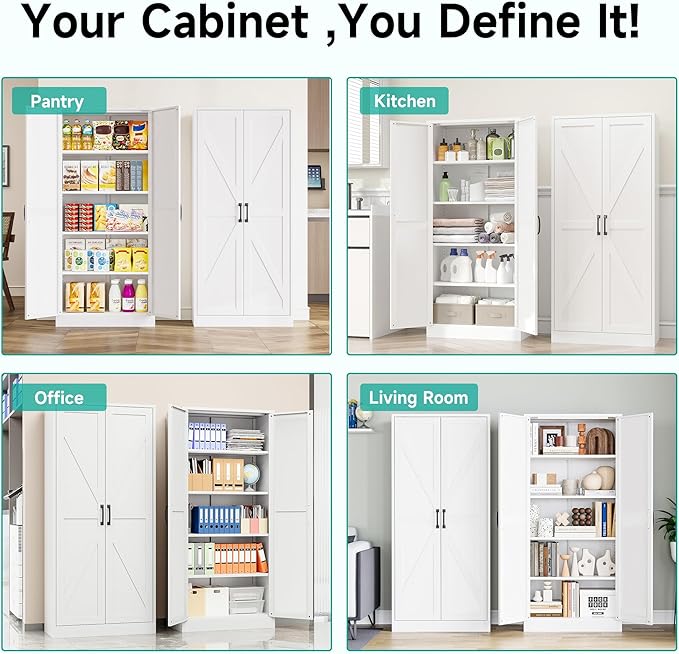 SISESOL Metal Storage Cabinet with 2 Doors and 5 Shelves,61 inch White Pantry Storage Cabinet,Large Farmhouse Pantry Cupboard for Home,Kitchen,Dining/Living Room