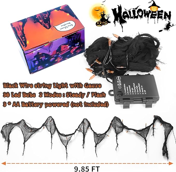 Halloween Horror Atmosphere Lights, Orange&Purple LED String Lights with 9.9FT Creepy Black Gauze, Battery Powered with Timer & 8 Flashing Modes (2 Pack Red)