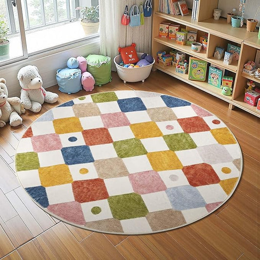 jinchan Round Rug 5ft Kids Washable Rug Indoor Floor Cover Non-Slip Soft Elementary School Classroom Modern Colorful Diamond Carpet for Nursery Daycare Bedroom Playroom Living Room Circus on Cream