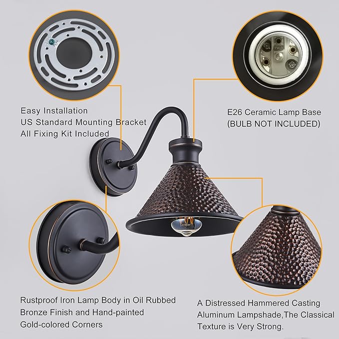 Gooseneck Outdoor Wall Light Fixtures, 2-Pack Farmhouse Barn Lights for Porch, Industrial Oil-Rubbed Bronze Exterior Wall Sconce for Garage, Patio, E26 Base Anti-Rust, Bulb not Included