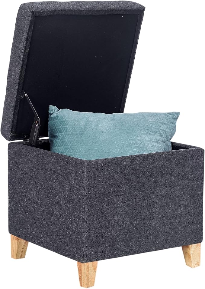 Adeco Fabric Storage Ottoman Bench with Solid Wood Legs, 17.7" Square Dark Grey Cotton Linen Cube Foot Stool, Upholstered Button Tufted Vanity Chair with Hinged Lid for Living Room, Bedroom, Dorm