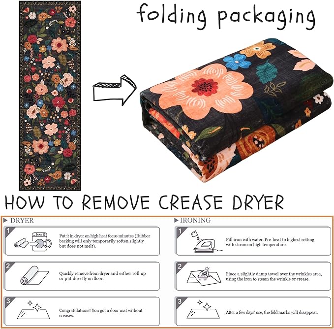Runners for Hallways Kitchen Rug Non Slip 2'x 10' Long Washable Runner Rugs with Rubber Backing Soft Floral Carpet Runner for Hallways, Kitchen, Laundry, Bedroom, Bathroom(Black)