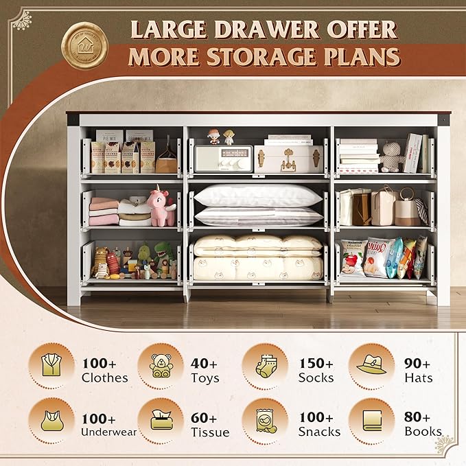 WLIVE Farmhouse Dresser for Bedroom, 63" Wide 9 Drawer Dresser Storage Organizer, Wood Chest of Drawers for Bedroom, TV Stand for 70 inch TV, for Living Room, Hallway, Ball Bearing Slide (White)