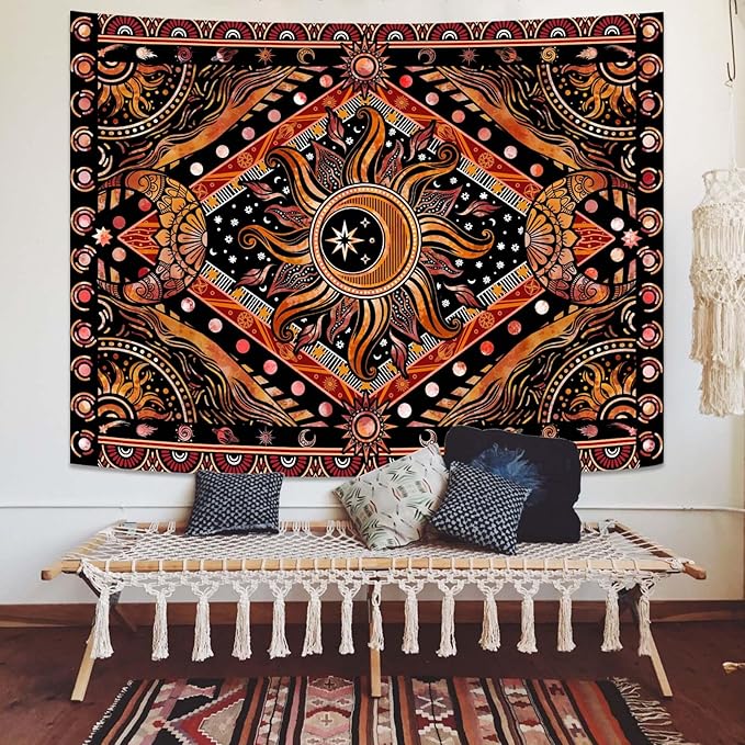 Lunerfex Hippie Sun and Moon Tapestry Bohemian Celestial Tapestry Aesthetic Tapestries for Bedroom and Living Room Decor Sun and Moon 70×90 Inches