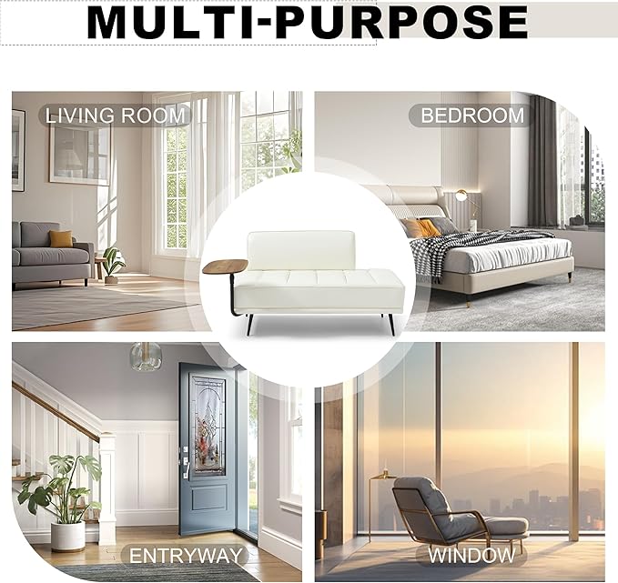 Sofa,Bed Bench,Small Spaces Furniture,Polyurethane Leather,Wood Frame,High Density Sponge Infillings,360-Degree Swivel Tray,Black Metal Leg (Beige)