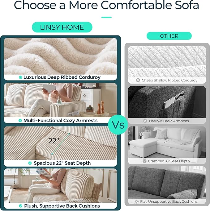 LINSY HOME Sectional Sleeper Sofa with Pull Out Couch Bed - Convertible Plush Corduroy Cloud Couch with Storage Chaise & USB Charging, Comfy Modular Couches for Living Room, Beige