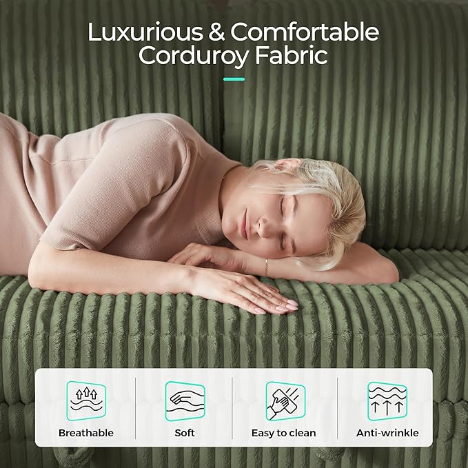 LINSY HOME Sectional Sleeper Sofa with Pull Out Couch Bed Convertible Plush Corduroy Cloud Couch with Storage Chaise & USB Charging, Comfy Modular Couches for Living Room (Green)