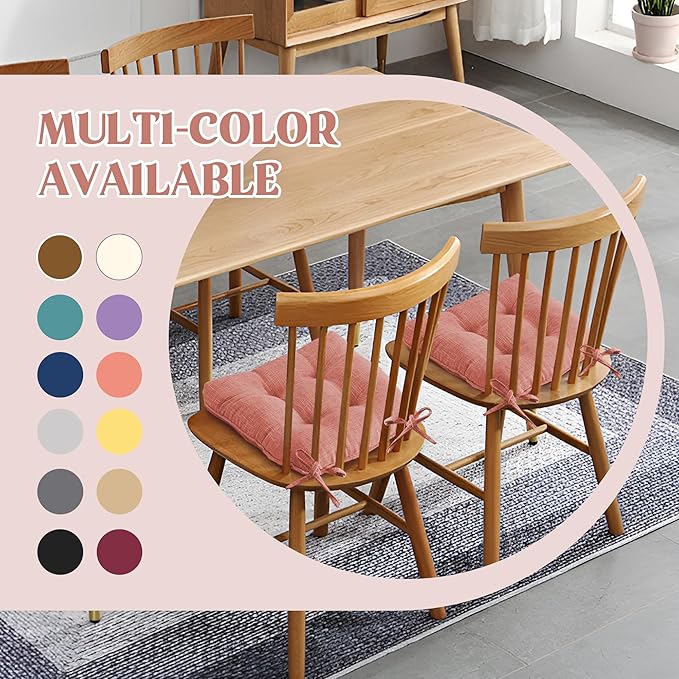 puredown® Chair Cushions for Dining Chairs, Tufted Memory Foam Chair Pads with Non-Slip Backing, Kitchen Seat Cushions with Ties, Washable Seat Pads Set of 4, 15.5" x 15.5" x 4", Pinky