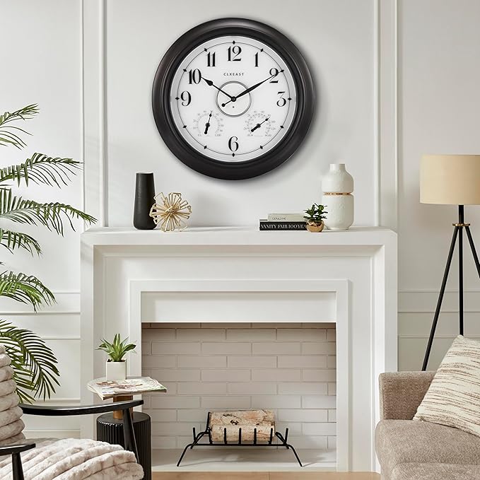 CLXEAST Illuminated Indoor Outdoor Clocks Waterproof 18 inch with Smart Night Light Sensor,Large Wall Clock with Thermometer & Hygrometer,Oil Rubbed Bronze Black,House Warming Gifts New Home