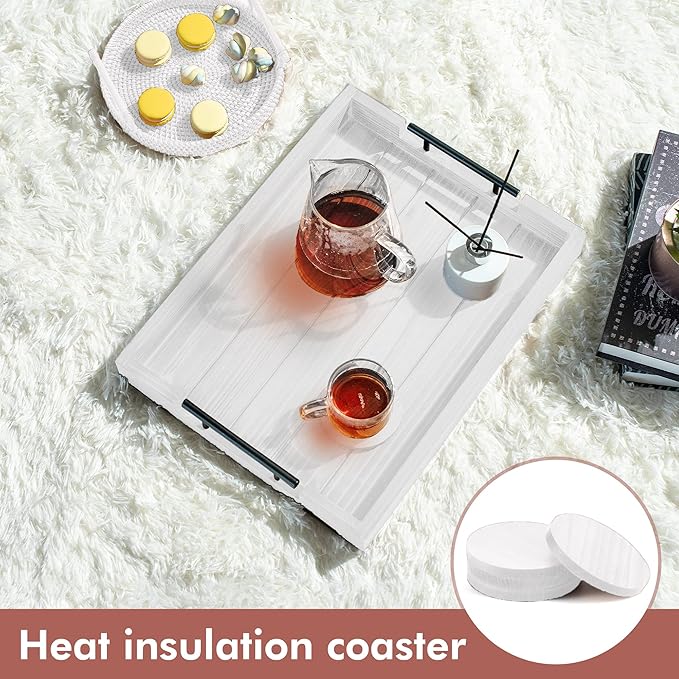 Ottoman Tray | Wooden Serving Tray with Handles & Coasters - 17x13 Inch, Rustic, White, Solid, Rectangular, Vintage, Lightweight