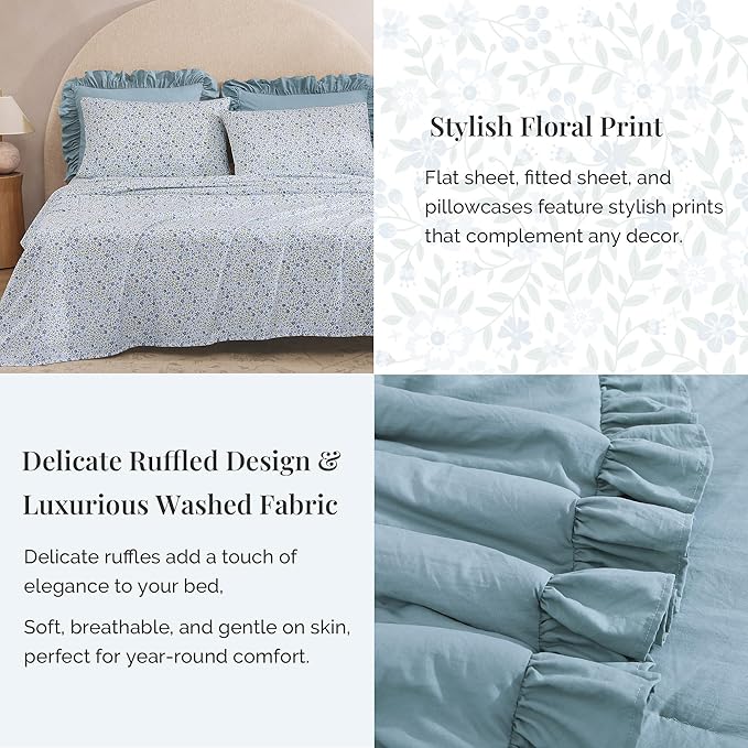 Queen Comforter Set - 7 Pieces Ruffle Blue Bedding Sets, Shabby Chic Farmhouse Bed in a Bag Queen with Ruffle Comforter, Floral Sheets, Pillowcases & Shams