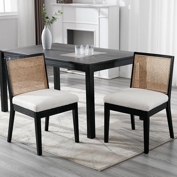 VESCASA Upholstered Dining Chairs with Square Rattan Back, Armless Padded Sherpa Fleece Cushion Dining Chairs with Wood Legs for Dining Room, Kitchen, Set of 2, Black Frame